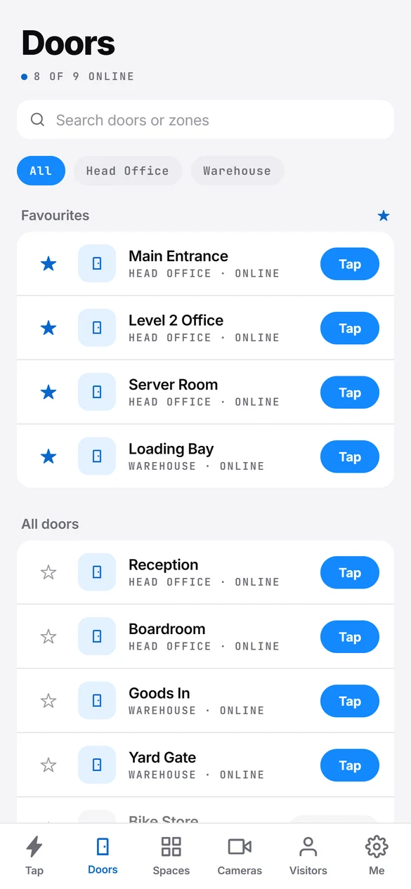 Bolt mobile app doors list with favourites, search and site filters.