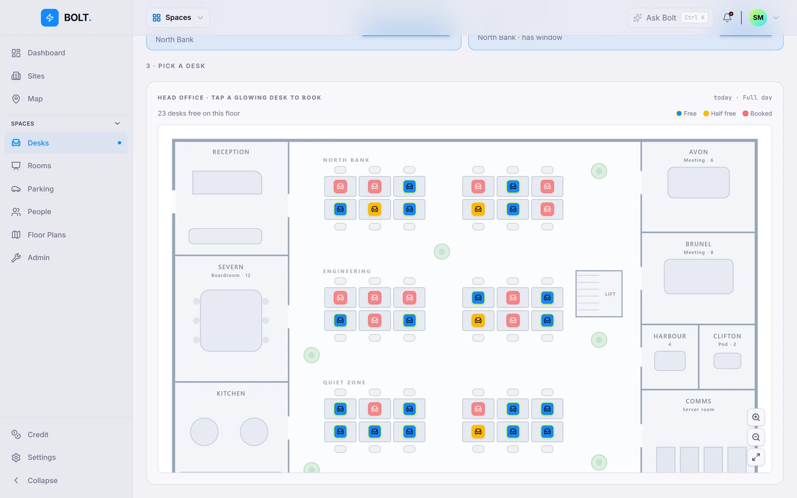 Bolt Spaces desk booking on a Head Office floor plan, with free and booked desks.