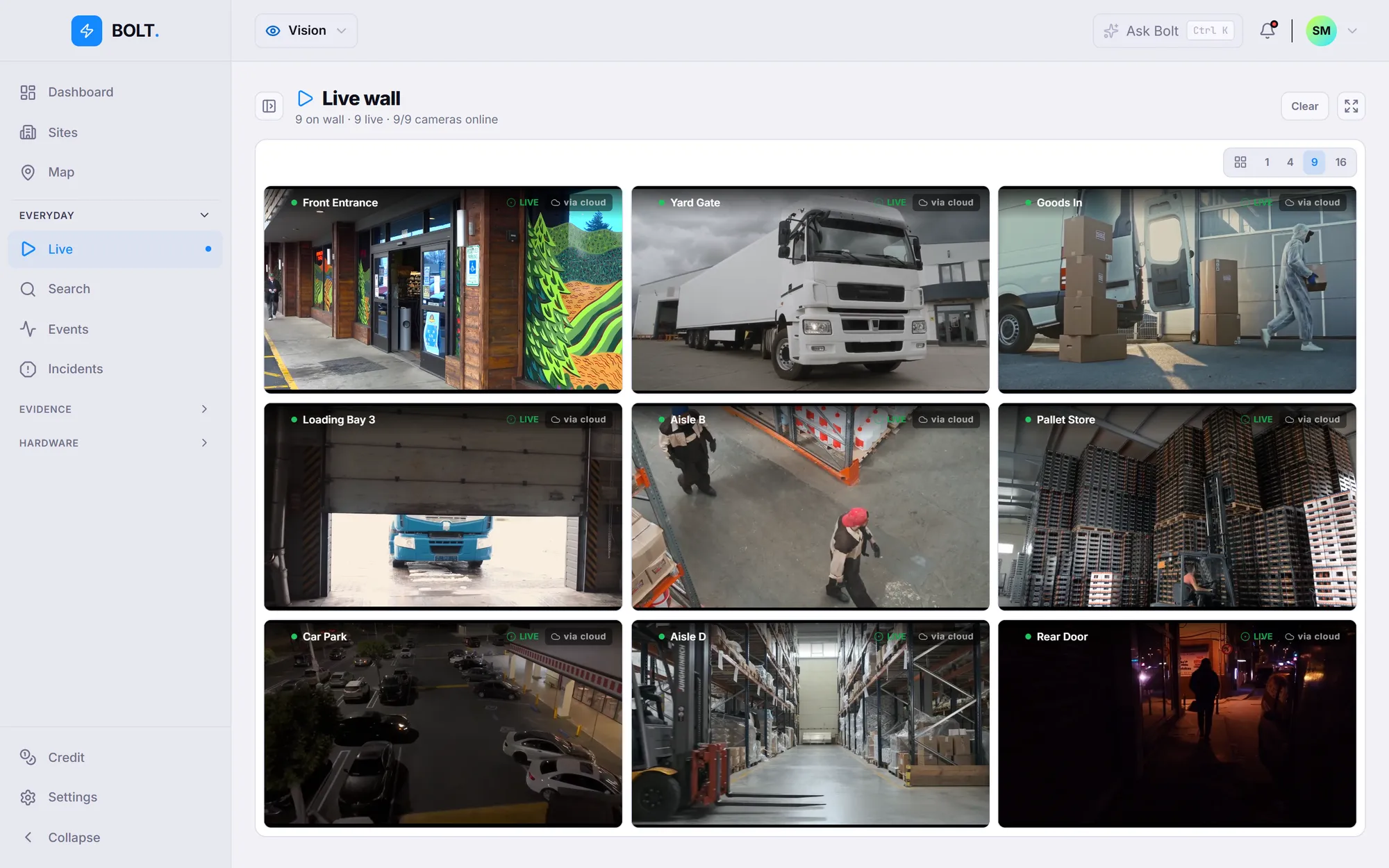 The Bolt live wall: nine cameras live at once, from the front entrance and car park to the yard gate, loading bay and warehouse aisles.
