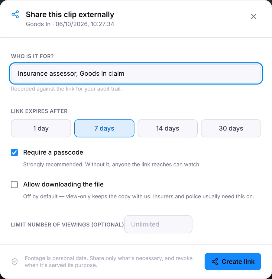 The Bolt share dialog: who the clip is for, a link that expires after 1, 7, 14 or 30 days, a passcode on by default, download off by default, and an optional view limit.